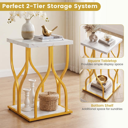 Dreamade 2-Tier End Table with Storage Shelf & Gold Petal-Inspired Geometric Metal Frame