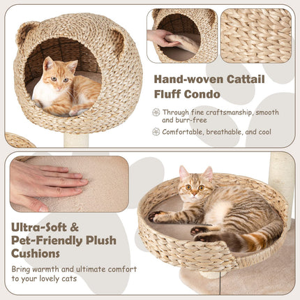 Dreamade Wooden Cat Tree, 48 inches Cat Tower with Cattail Condo, Cat Bed, Hammock, Rotatable Jingling Balls