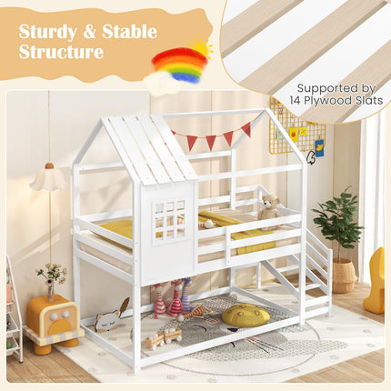 Dreamade Twin Bunk Beds with Stairs, Floor House Bed with Roof & Window