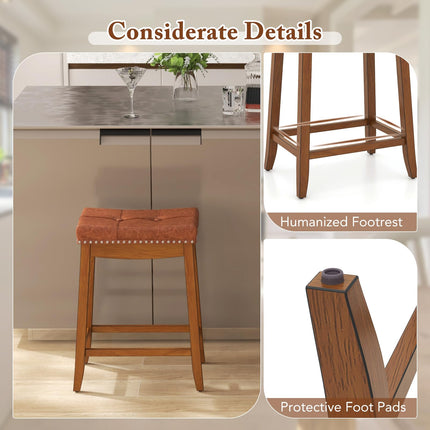 Dreamade Bar Stools Set, 25" Counter Height Bar Stools w/Saddle Seat, Footrest, Rivet, Button Tufted, Rubber Wood Frame