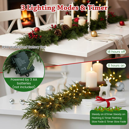 9 FT Pre-lit Artificial Cypress Christmas Garland with 50 Warm White LED Lights and 130 Branch Tips