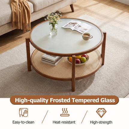 Dreamade 35" Rattan Farmhouse Glass Center Table with Storage