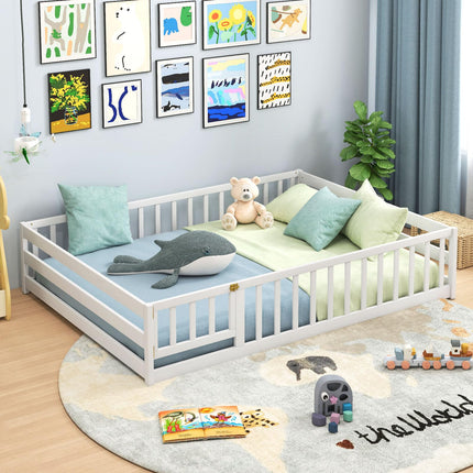 Dreamade Floor Bed with Door & Fence Kids Wood Montessori Beds with Safety Guardrails
