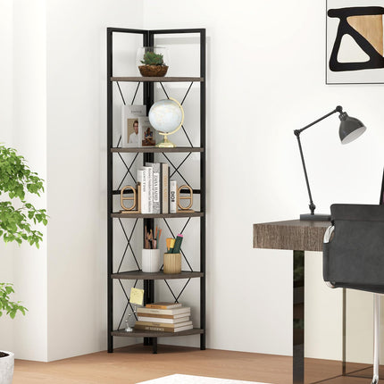 Dreamade 5-Tier Corner Shelf, 63" Tall Corner Bookshelf, Freestanding Storage Rack w/Metal Frame