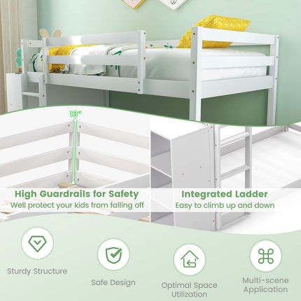 Dreamade Twin Over Twin Bunk Bed with Storage Shelves, Solid Wood Bunk Bed Frame with Convertible Bookcase & Ladder, White