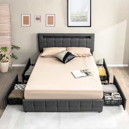 Dreamade Queen Bed Frame with LED Lights and 4 Drawers, Upholstered Platform Bed Frame with USB Ports