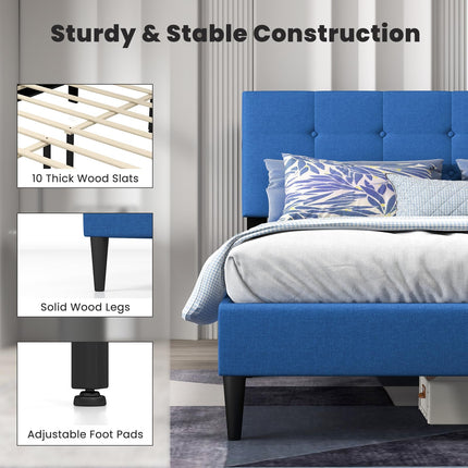 Dreamade Queen/Twin Size Platform Bed Frame with Button Tufted Headboard and Wooden Slats