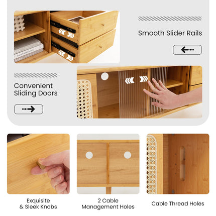 Dreamade Bamboo TV Stand for 55 60 65 Inch TV, PE Rattan Entertainment Center with Sliding Doors