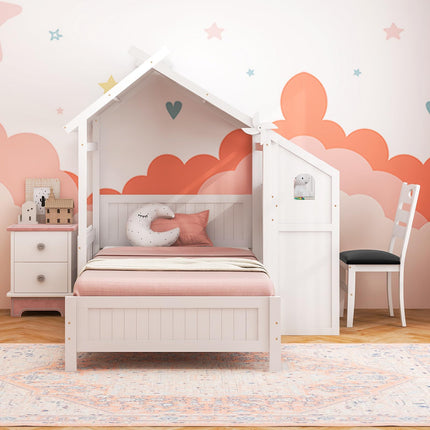Dreamade Twin House Bed with Desk & Chair, Wood Kids Playhouse Bed with 2 Drawers
