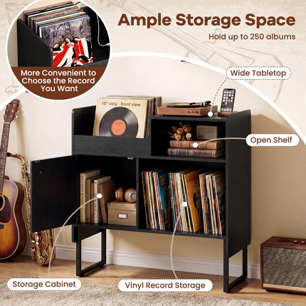 Dreamade Record Player Stand with Open Shelf & Cabinet Hold Up to 250 Albums
