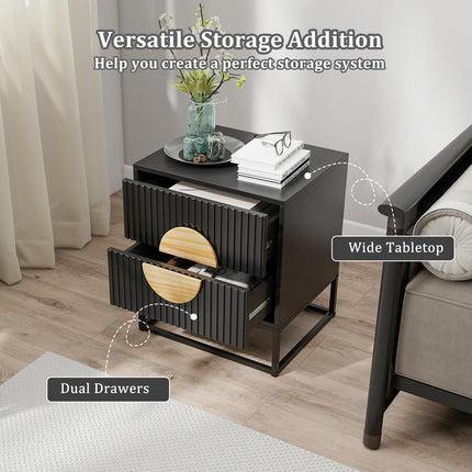 Dreamade Fluted Nightstand with 2 Drawers with Natural Circle Handle & Metal Frame