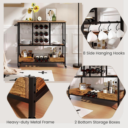Dreamade Bar Cart, 3 Tier Home Serving Cart on Wheels with Handle