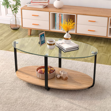 DREAMADE 2 Tier Glass Coffee Table, Oval Modern Home Furniture w/Open Storage Shelf & Sturdy Metal Legs