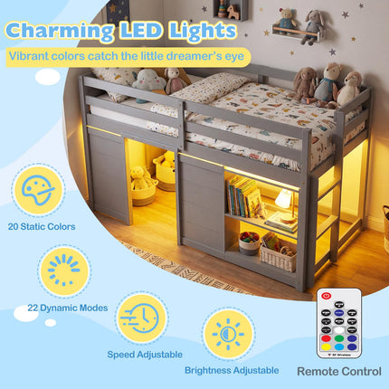 Dreamade Wooden Low Kids Loft Bed with LED Lights and 2 Doors