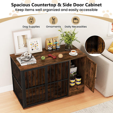 Dreamade 47.5" Dog Crate Furniture with Hidden Feeding Drawer & Side Storage Cabinet