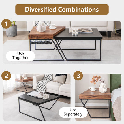 Dreamade Stacking Coffee Table Set of 2, Black & Brown Modern Side Table