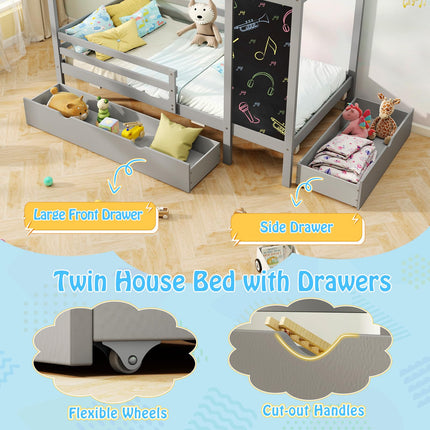 Dreamade Twin Bed with 2 Storage Drawers, Solid Wood House Bed with Blackboard & Safety Guardrails