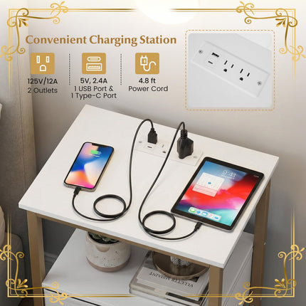 Dreamade Nightstand with Charging Station and Adjustable Fabric Drawer for Bedroom and Living Room