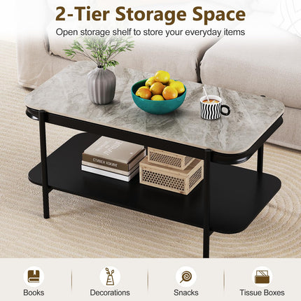 Dreamade 2-Tier Coffee Table with Storage Faux Mable Center Table w/Sintered Stone Top