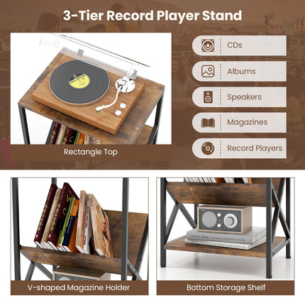 Dreamade Record Player Stand, 3-Tier End Table w/ V-Shaped Magazine Holder, Turntable Stand with Record Storage Up to 80 Albums