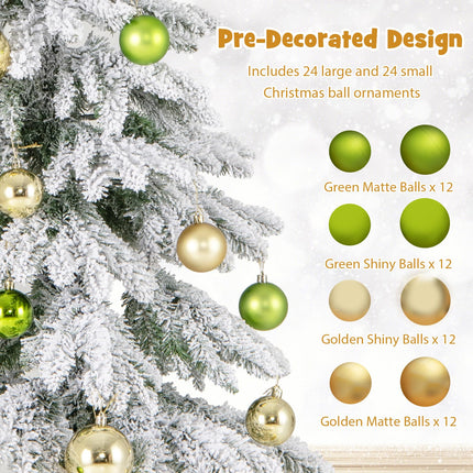 Dreamade 6ft Snow Flocked Christmas Tree for Entrances, Hinged Artificial Potted Xmas Tree with 48 Ball Ornaments