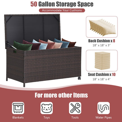 Dreamade Outdoor Wicker Storage Box - 50 Gallon PE Rattan Storage Container with Lid, Mix Brown