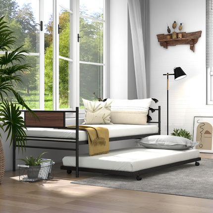 Dreamade Metal Daybed with Trundle, Twin Size Day Bed with Wood Grain Headboard & Metal Slat Support