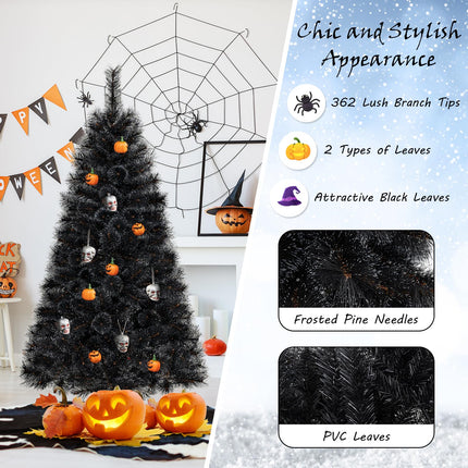 Dreamade 6/7/8 ft Pre-Lit Black Halloween Christmas Tree, Artificial Hinged Xmas Full Tree with 362/572/860 Pine Needles & PVC Branch Tips
