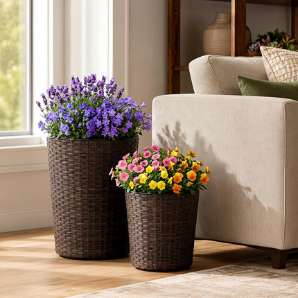 Dreamade Set of 3 Plastic Planters | 14 & 11 & 9 Inch Taper Rattan Planters with Drainage Holes and Saucers