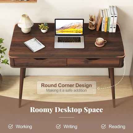 Dreamade Mid-Century Desk with 2 Drawers, 43.5" Writing Study Desk with Solid Rubber Wood Legs