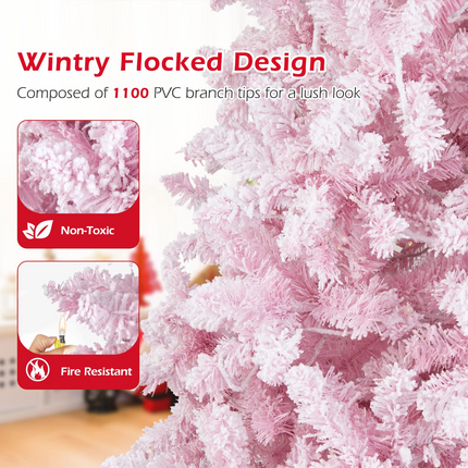Dreamade 7.5ft Pink Pre-Lit Christmas Tree, Hinged Artificial Snow Flocked Xmas Tree with 1100 PVC Branch Tips, 450 LED Lights - DreamadeUS