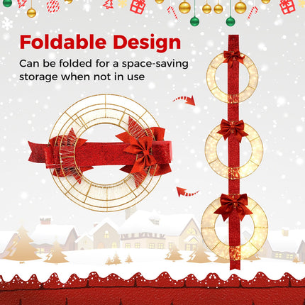 Dreamade Set of 3 Pre-Lit Wreaths, 5.8 FT Xmas Light-up Decorations on Red Ribbon with 450 LED Lights