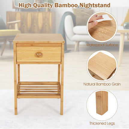 Dreamade Nightstand Bamboo Bedside Table with Drawer, Open Shelf, Multifunctional Side Table