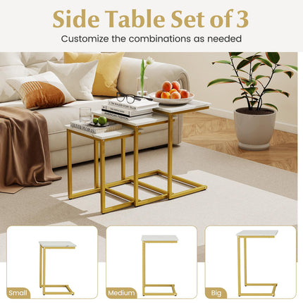 Dreamade Nesting Coffee Table Set of 3 Stackable Square End Table w/Faux Marble Tabletop & Heavy-Duty Metal Frame