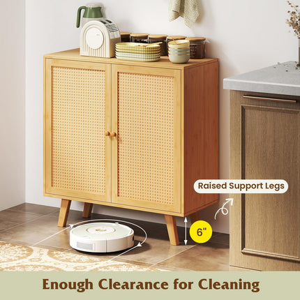 Dreamade 2 Tier Bamboo Sideboard with PE Rattan Decorated Doors