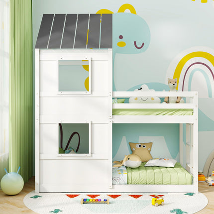 Dreamade House Bunk Bed Twin Over Twin, Solid Wood Floor Bunk Bed with Built in Ladder, Window & Safety Guardrail