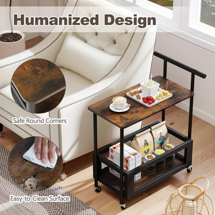 Dreamade Rolling End Table with Handle 2-Tier Sofa Side Table with Open Shelf & Mesh Basket