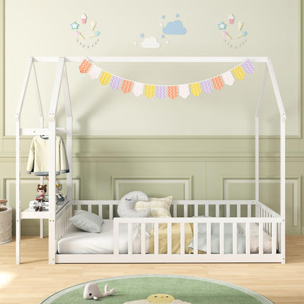 Dreamade Twin House Floor Bed, Solid Wood Montessori Floor Bed with Detachable Storage Shelf & Clothes Hanger
