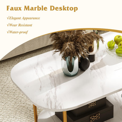 Dreamade 2 Tier Coffee Table with Storage Modern Faux Marble Center Table