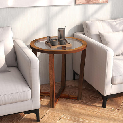 Dreamade Glass Round End Table, Sofa Side Table with Transparent Tempered Glass Top