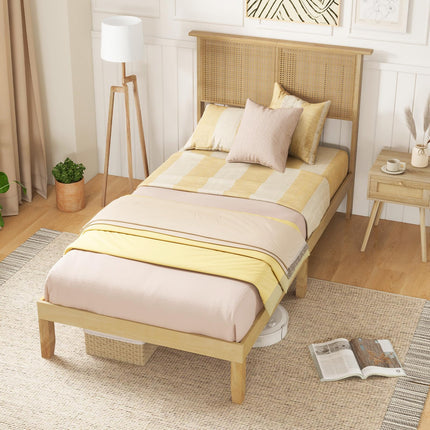 Dreamade Queen/Full/Twin Size Bed Frames with Rattan Headboard, Boho Solid Wood Platform Bed with Wooden Slats