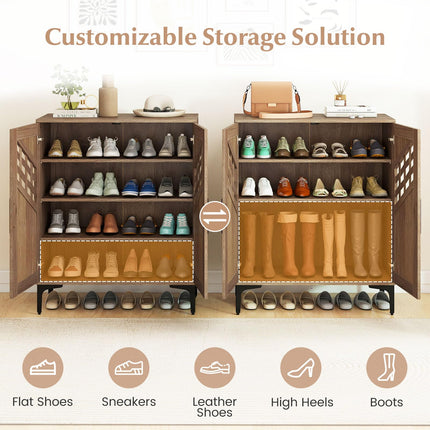 Dreamade 4-Tier Wooden Shoe Organizer Cabinet with Hollow Woven Doors & 3 Removable Shelves