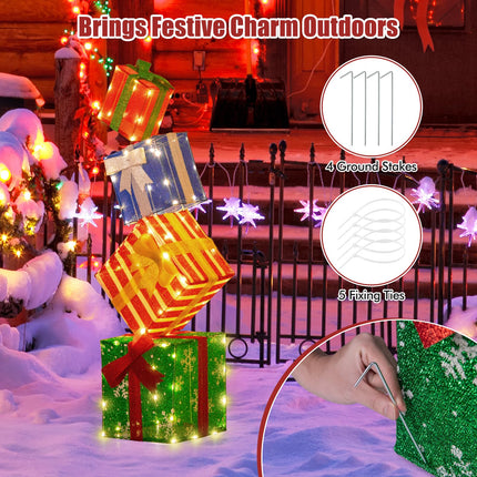 Dreamade Lighted Gift Boxes, Set of 4 Stackable Pre-lit Box Decorations with Warm White LED Lights & Pre-Assembled Ribbons