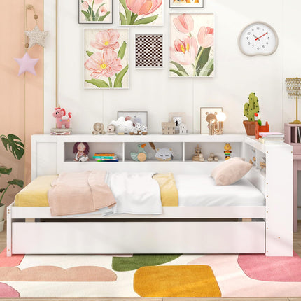 Dreamade Twin Daybed with Trundle, Wood Twin Bed Frames with Storage Headboard, Reversible Bookcase