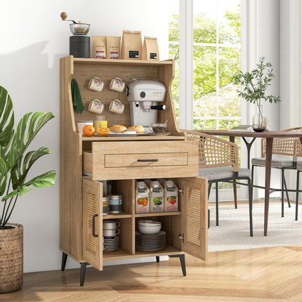 Dreamade 45.5” Kitchen Pantry Cabinet, Buffet Sideboard w/Hutch, PVC Rattan Door