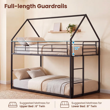 Dreamade House-Shaped Twin Over Twin Metal Bunk Bed