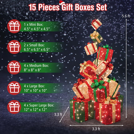 Dreamade 15 Pieces Stackable Pre-lit Lighted Boxes Tower w/ 450 Warm White Lights