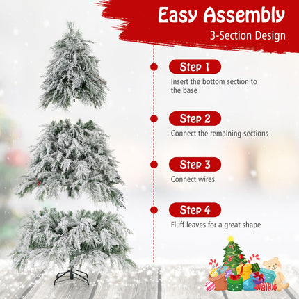 Dreamade 7ft Pre-Lit Snow Flocked Christmas Tree, Artificial Hinged Full Xmas Tree with 743 PVC & Pine Needles
