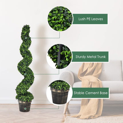 4FT Artificial Spiral Boxwood Topiary Tree Set of 2, Faux Decorative Plants in Cement-Filled Plastic Pot - DreamadeUS