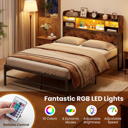 Dreamade Full Size Industrial Metal Bed Frame with LED Lights & Charging Station
